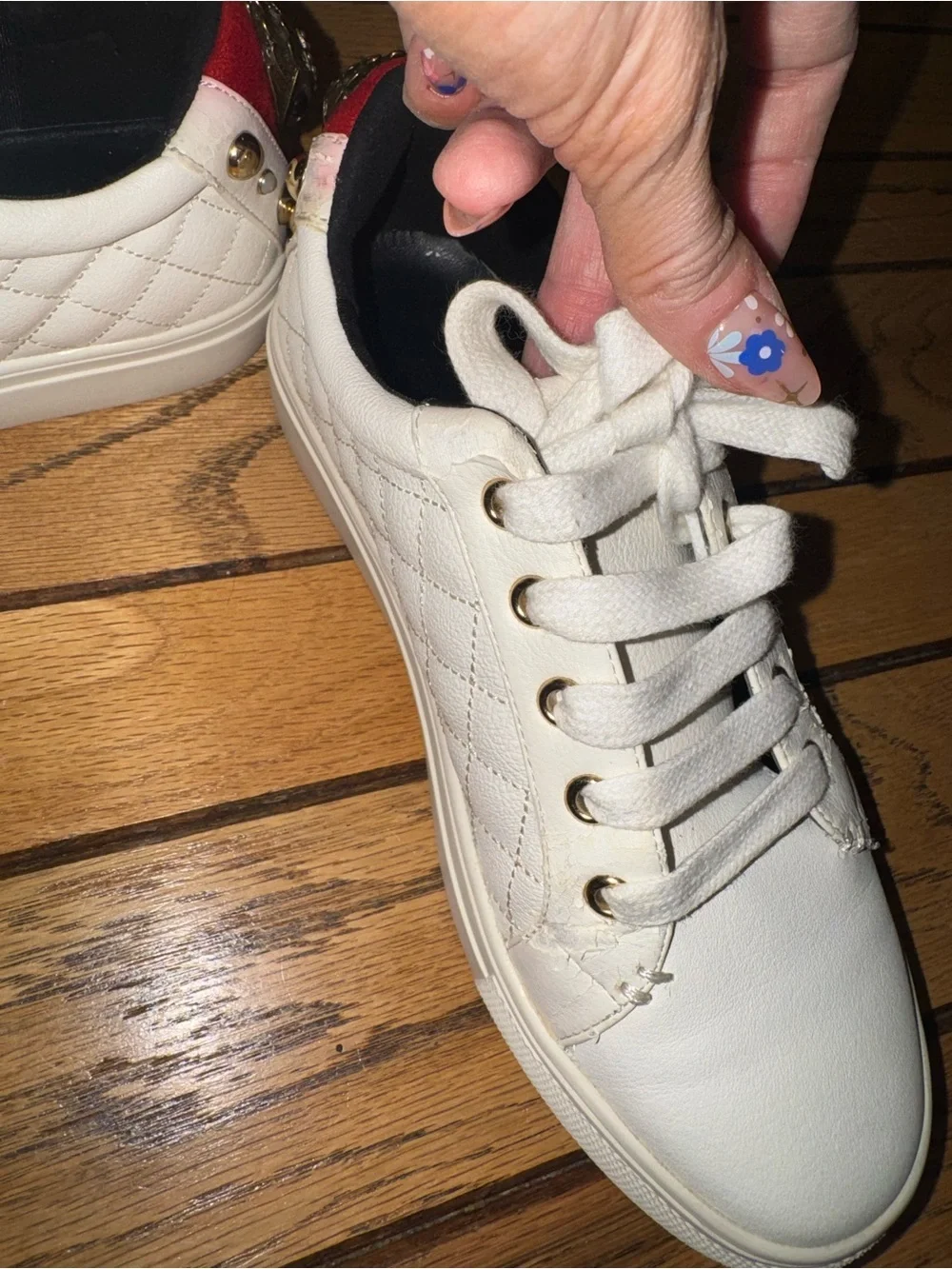 Kurt Geiger Quilted White Lace-Up Sneakers with Red Heel Tab